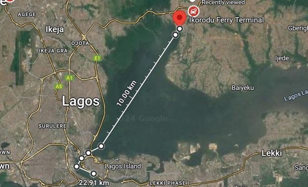 Route map for Lagos water transit: E‑Blue Ferry concept (Ikorodu ↔ Marina)